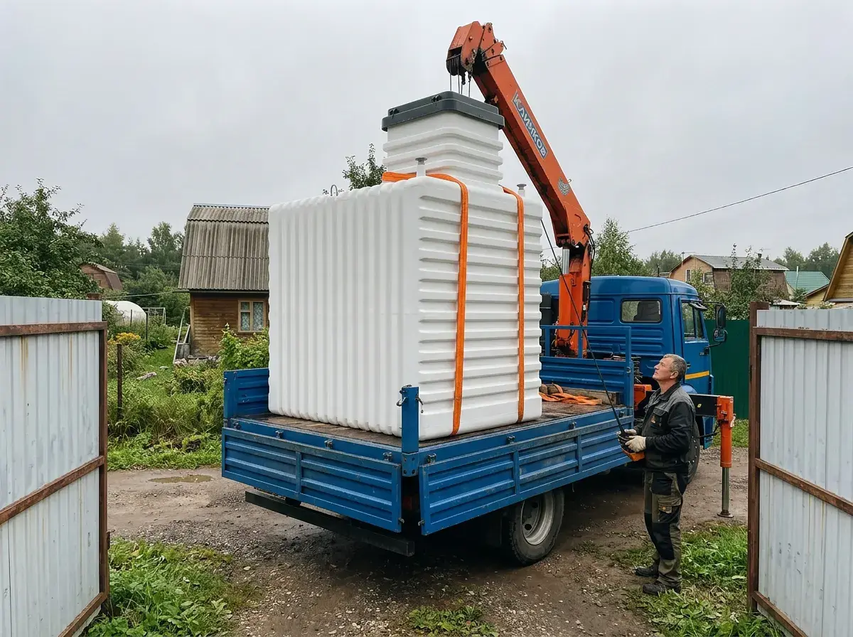 Доставка пластикового погреба манипулятором на участок в Ленобласти
